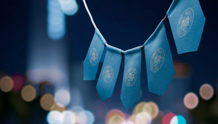 A garland of International Intellectual Property Organization national flags on an abstract blurred background.のeditorial素材