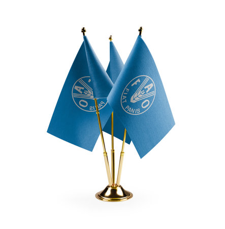 Small national flags of the Food and agriculture organization on a white background.のeditorial素材