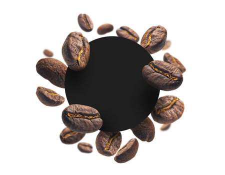 Coffee beans on a white background with a black circle in the centerの写真素材