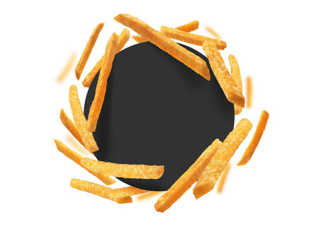 French fries on a white background with a black circle in the centerの写真素材