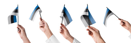 The Estonia flag in hand in different angles on a white backgroundの写真素材
