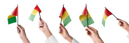 The Guinea flag in hand in different angles on a white backgroundの写真素材