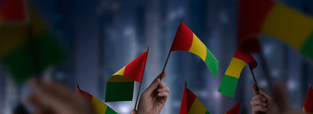 Guinea flags in their hands on a blurred urban backgroundの写真素材