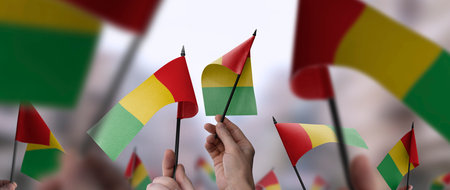 Guinea flags in their hands on a blurred urban backgroundの写真素材
