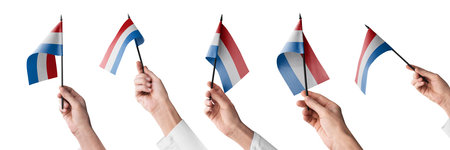 The Netherlands flag in hand in different angles on a white backgroundの写真素材