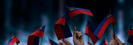 Liechtenstein flags in their hands on a blurred urban backgroundの写真素材