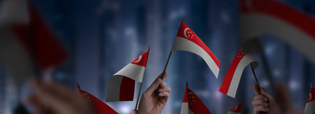 Singapore flags in their hands on a blurred urban backgroundの写真素材