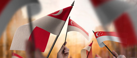 Singapore flags in their hands on a blurred urban backgroundの写真素材