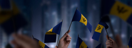 Barbados flags in their hands on a blurred urban background