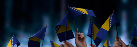 Bosnia and Herzegovina flags in their hands on a blurred urban background