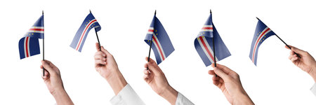 The Cape Verde flag in hand in different angles on a white backgroundの写真素材