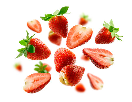 Strawberry berry levitating on a white backgroundの写真素材