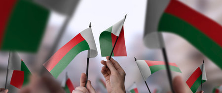 Madagascar flags in their hands on a blurred urban background