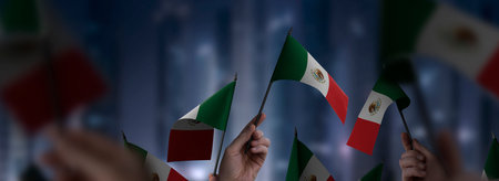 Mexico flags in their hands on a blurred urban background