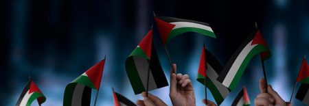 Palestine flags in their hands on a blurred urban background