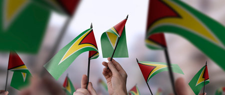 Guyana flags in their hands on a blurred urban background
