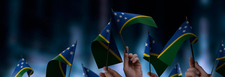 Solomon flags in their hands on a blurred urban background