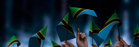 Tanzania flags in their hands on a blurred urban background
