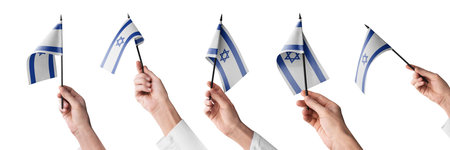 The Israel flag in hand in different angles on a white backgroundの写真素材