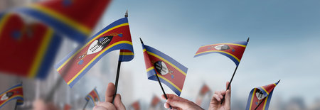 Swaziland flags in their hands on a blurred urban backgroundの写真素材