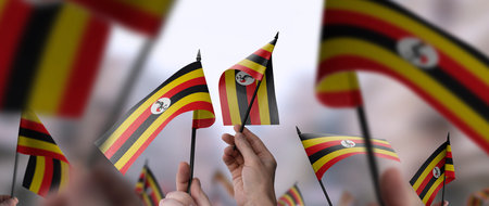 Uganda flags in their hands on a blurred urban backgroundの写真素材