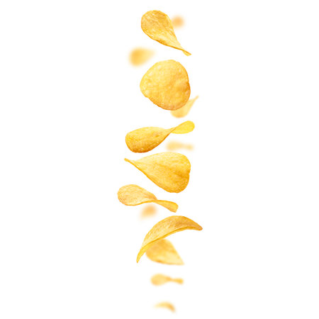 Potato chips levitate on a white background