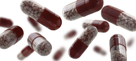Capsules with the drug levitate on a white backgroundの写真素材
