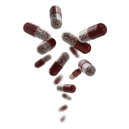 Capsules with the drug levitate on a white backgroundの写真素材