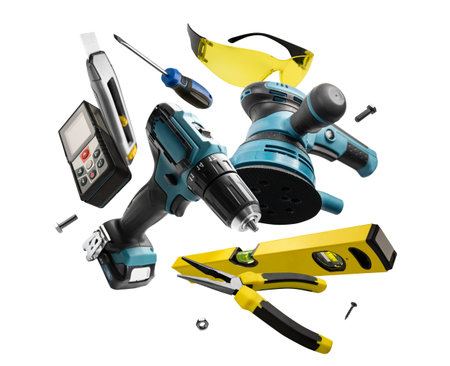 Professional equipment for finishing tasks. Comprehensive set of technical instruments displayed for...