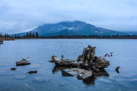 Overcast morning, Vermillion Lakes, Banff National Park, Alberta, Canadaの写真素材