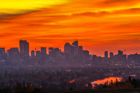 Cityscape and sunrise, Calgary, Alberta, Canadaの写真素材