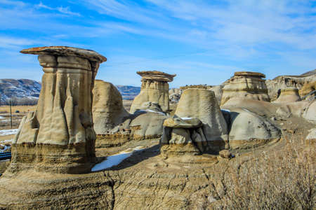 Hoodoos in late spring, Drumheller, Alberta, Canadaの写真素材