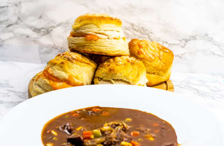 Beef stew with cheats cheezy biscuits. Calgary, Alberta, Canada