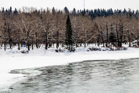 Winter still clings to the Bow River in mid spring. Calgary, Alberta, Canada