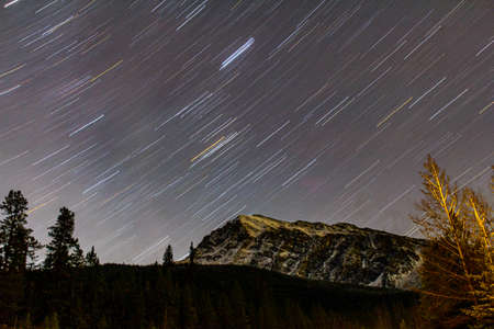 Star trails over the rockies. Jasper National Park, Alberta, Canadaの写真素材