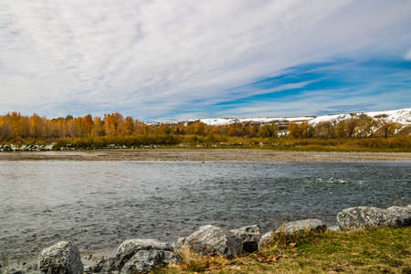 Early fall snow on the foothills and Bow River. Wyndham and Carsland Provincial Park. Alberta,...