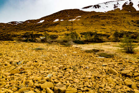 Yellow rock formations of the Table lands. Gros Morne National Park, Newfoundland, Canada