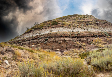 Fall in the badlands under snow skies. Midland Provincial Park, Alberta, Canadaの写真素材