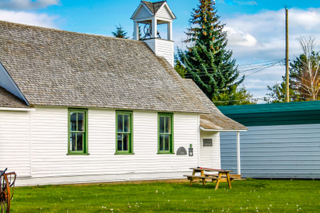 Old train station, out buildings and rolling stock. Delburne, Alberta, Canadaのeditorial素材