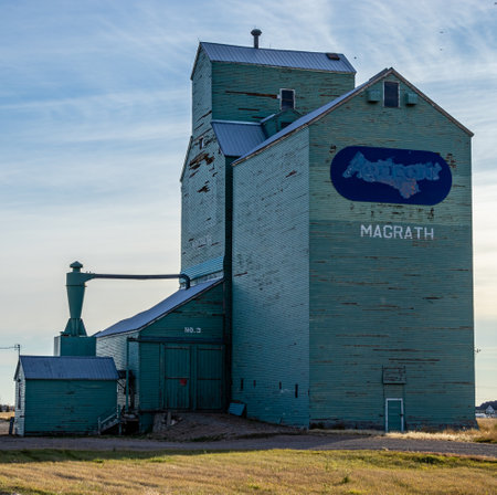 Grain elevators in the Town of Magrath in Cardston County Alberta Canadaのeditorial素材