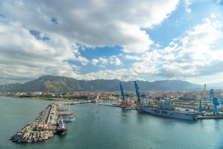 Aerial view of Palermo with mountains and clouds on background, capital city of Sicily.の写真素材