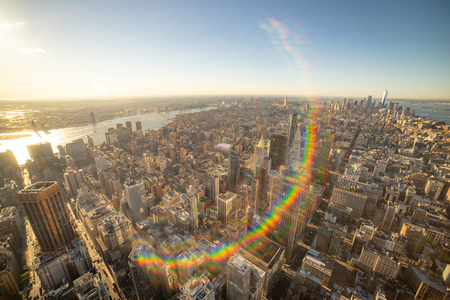 Amazing aerial panoramic view of Manhattan wit sunsetの写真素材