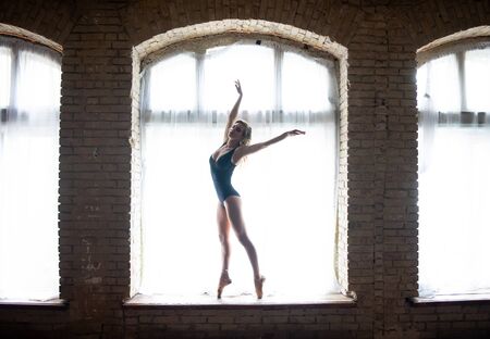 silhouette of a young good shaped ballerina standing on the huge window. Concept of healthy lifestyleの写真素材