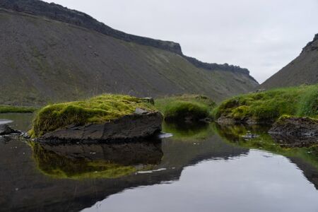 Eldgja canyon covered with moss in Iceland highlandsの写真素材