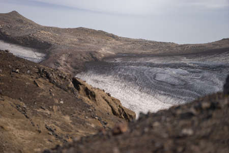 Volcanic landscape during ash storm on the Fimmvorduhals hiking trail. Icelandの写真素材