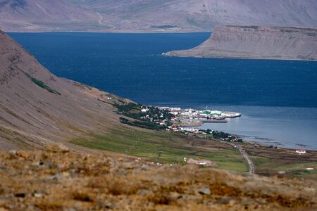 View of Patreksfjordur city in the West fjord during summertime. Icelandの写真素材