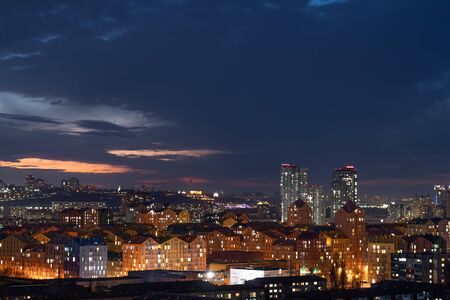 Aerial shot of colorful residential buildings during sunset. Real estate and housing in Kyiv, Ukraine. comfort townの写真素材