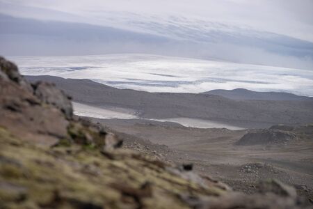 Volcanic landscape with glacier, rocks and ash on the Fimmvorduhals hiking trail. Icelandの写真素材
