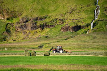 Red Tractor collecting grass on green field with beautiful river going by the mountain on background.の写真素材