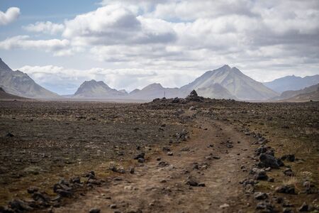 Laugavegur hiking trek, panoramic view of mountain with Volcanic landscape during ash storm. Iceland.の写真素材